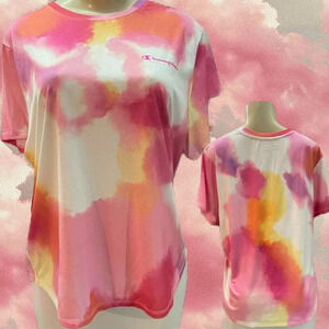 Champion L Pink Tie-Dye Logo Lightweight Double Dry Curved Hem Short Sleeve Tee